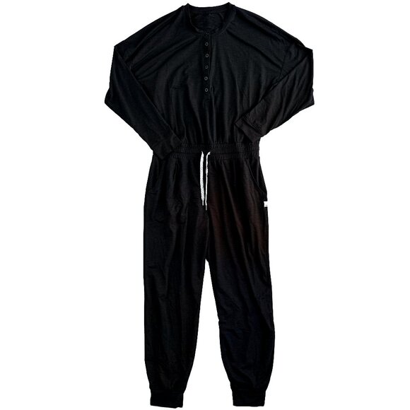Vuori Pants - VUORI Lux Henley Jumpsuit Black Long Sleeve Drawstring M/L Athleisure Loungewear